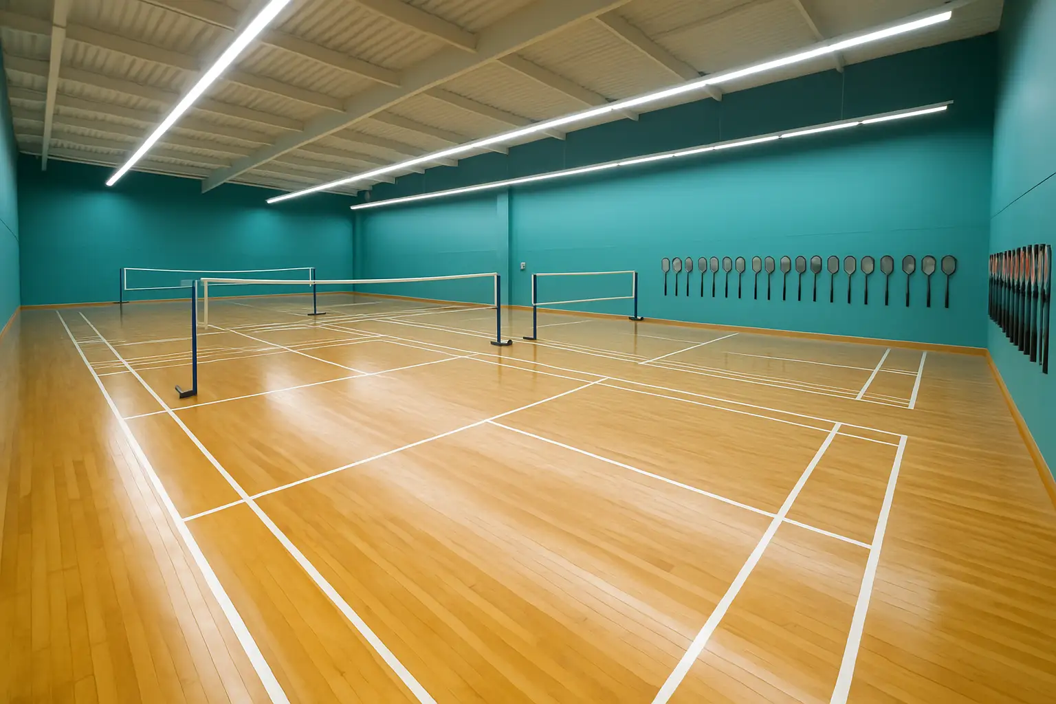 Badminton court inside a modern indoor sports academy with shuttlecocks and rackets on display