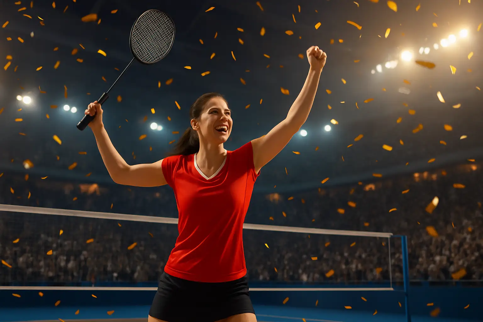 Female badminton player celebrating on court after winning a major tournament