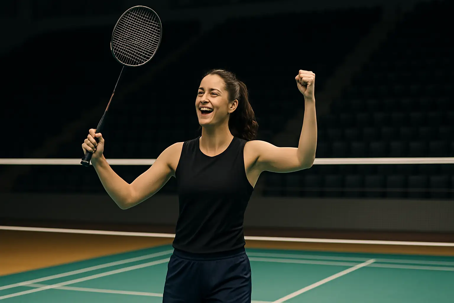 A female badminton player celebrating a match win on an indoor court, racket raised