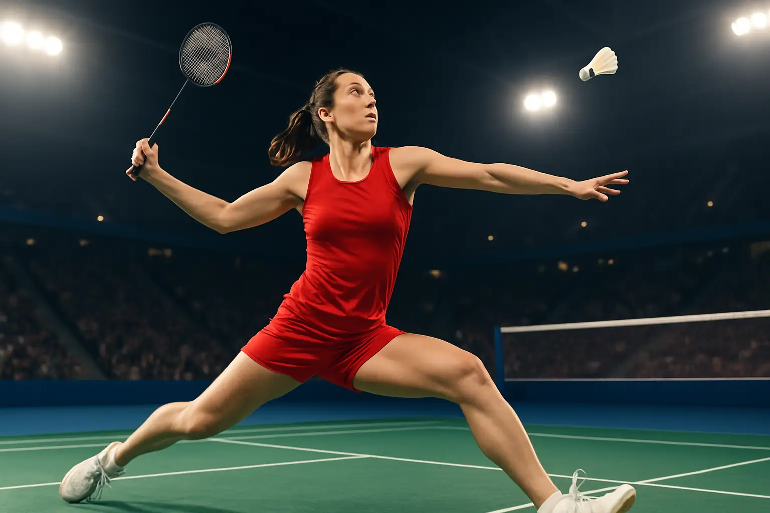 A badminton player in action on a tournament court with a shuttlecock in mid-flight