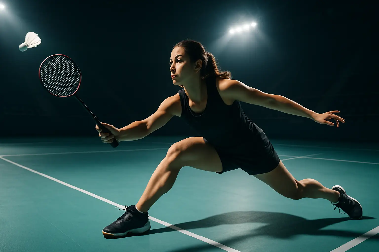 A female badminton player in action on an indoor court, mid-swing with a racket