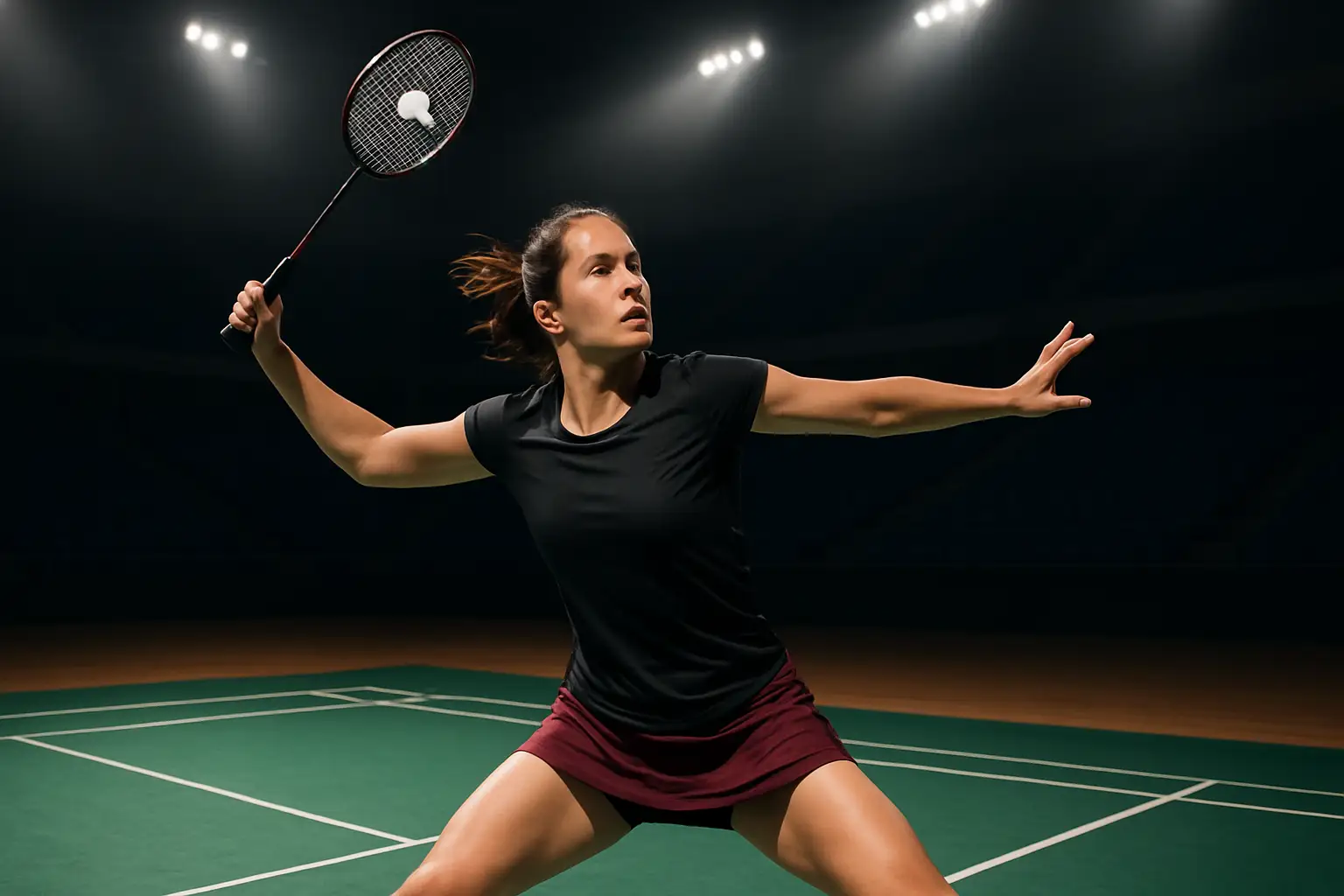 A female badminton player mid-smash on an indoor court during an international tournament