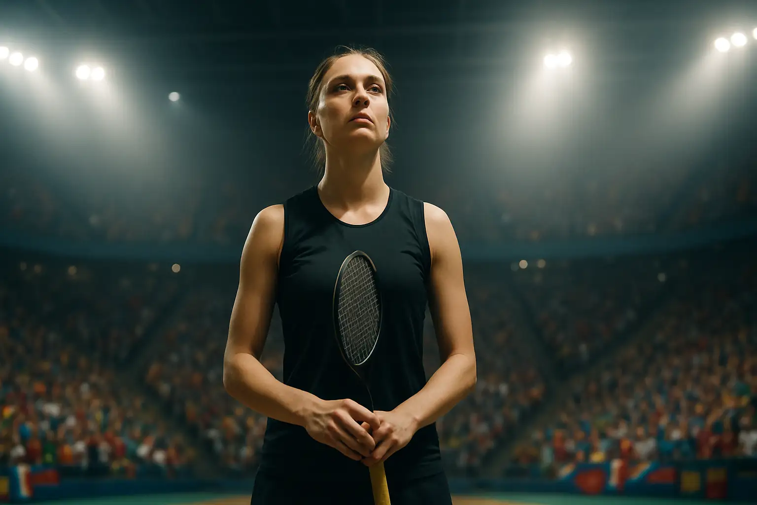 A female badminton player holding a shuttlecock on a floodlit indoor court, national flag colours visible in the background crowd