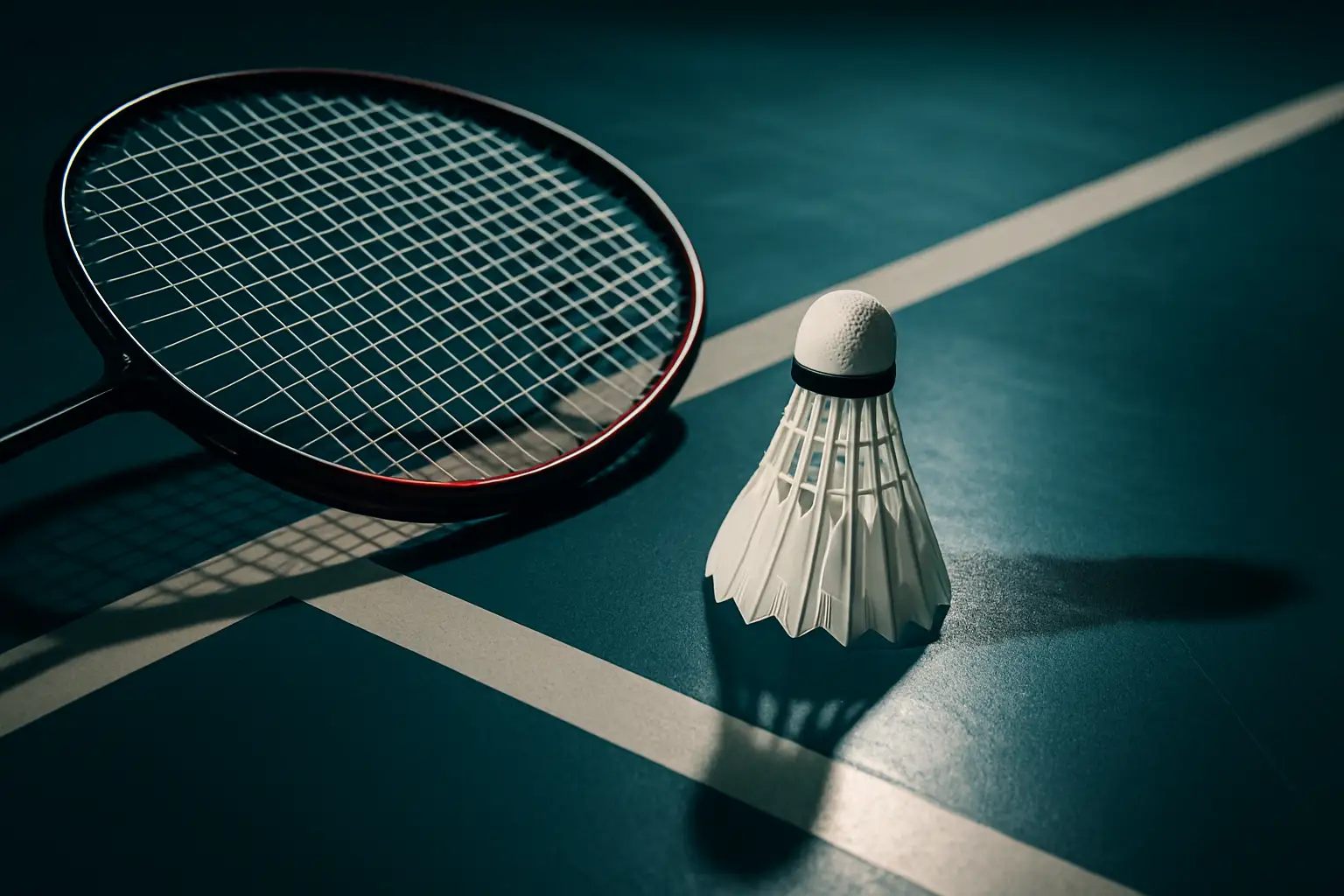 A badminton shuttlecock resting on a court with a racket beside it, stadium lights glowing in the background