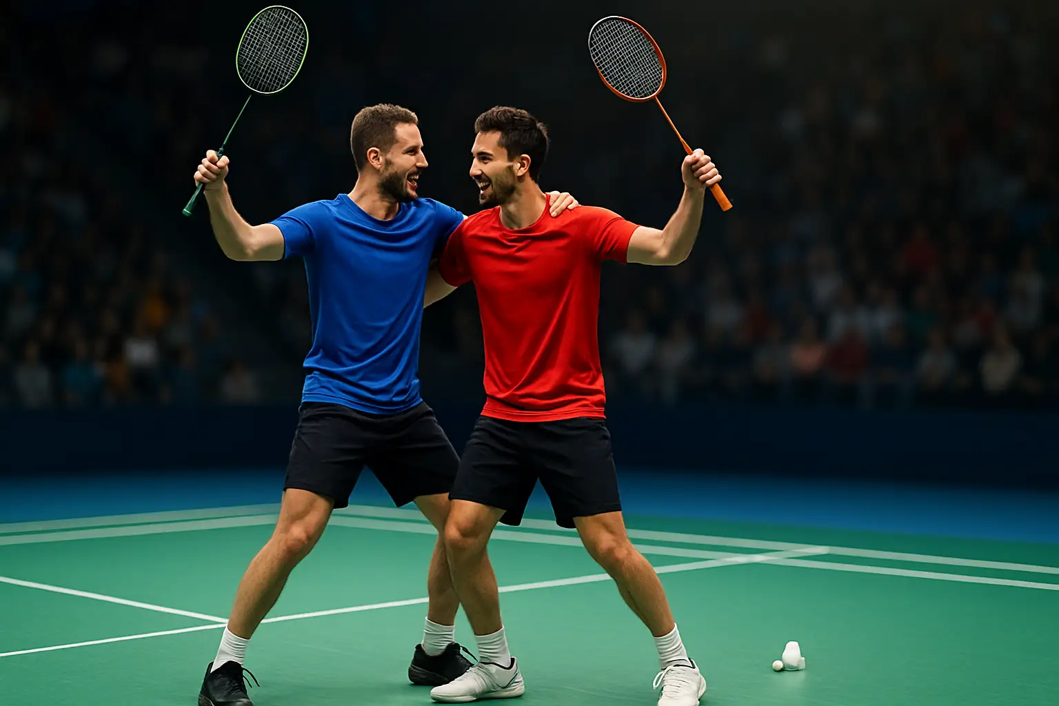 Two badminton players celebrating a doubles victory on an indoor court