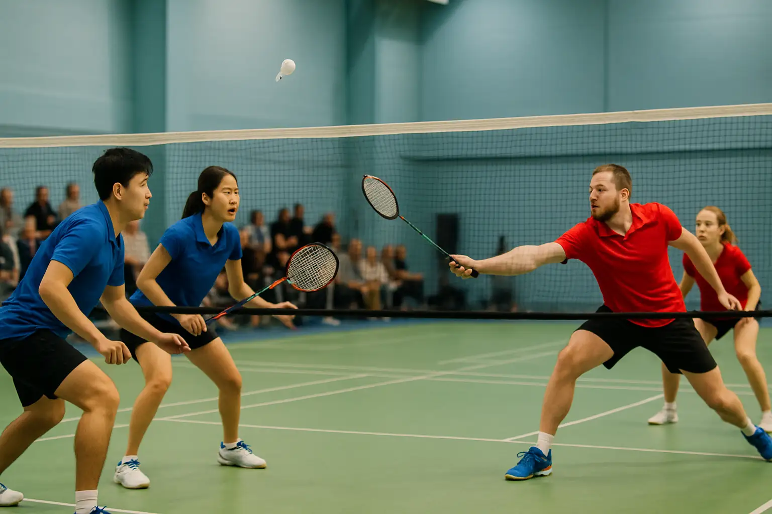 Badminton players competing on an indoor court during a local club championship