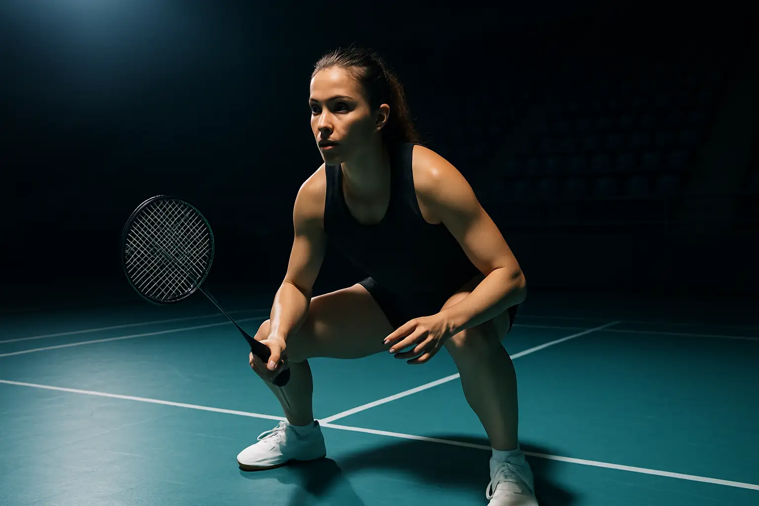 Thai badminton player preparing to serve on an indoor court under bright stadium lights
