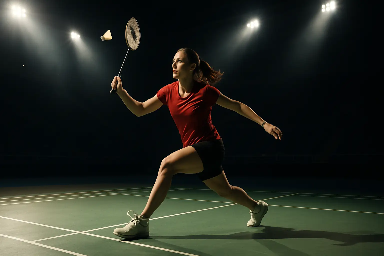A female badminton player in mid-rally on a brightly lit indoor court, racket raised in a competitive stance