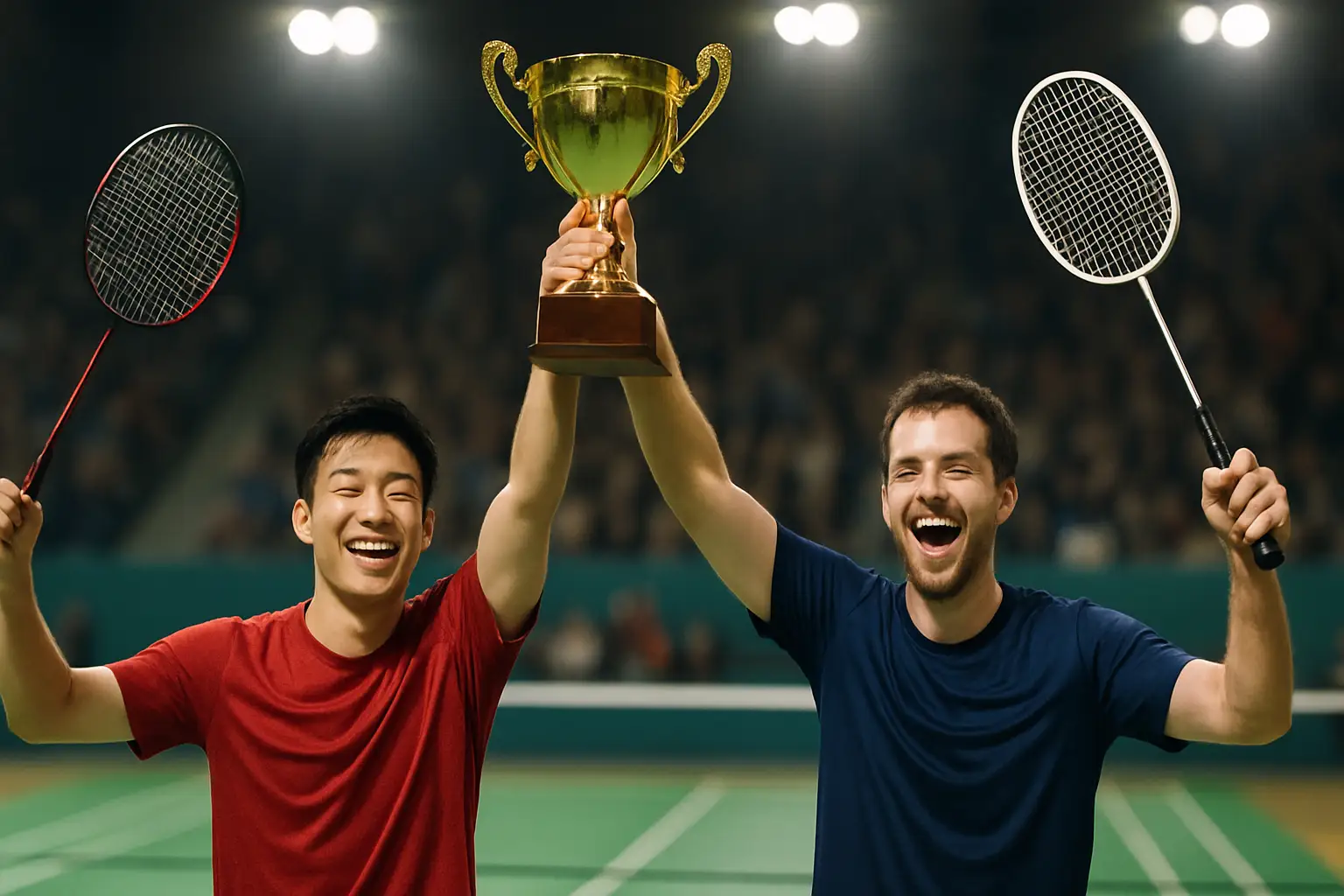 Malaysian badminton players celebrating an Asian championship title win on court