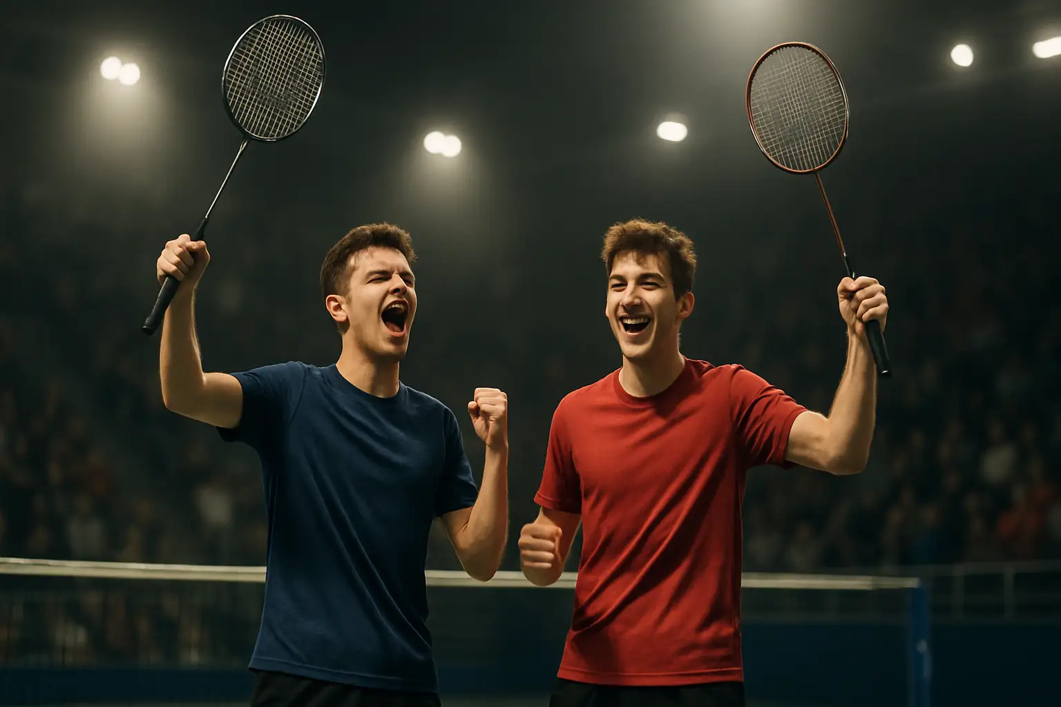 Young badminton player celebrating a doubles victory on an indoor court