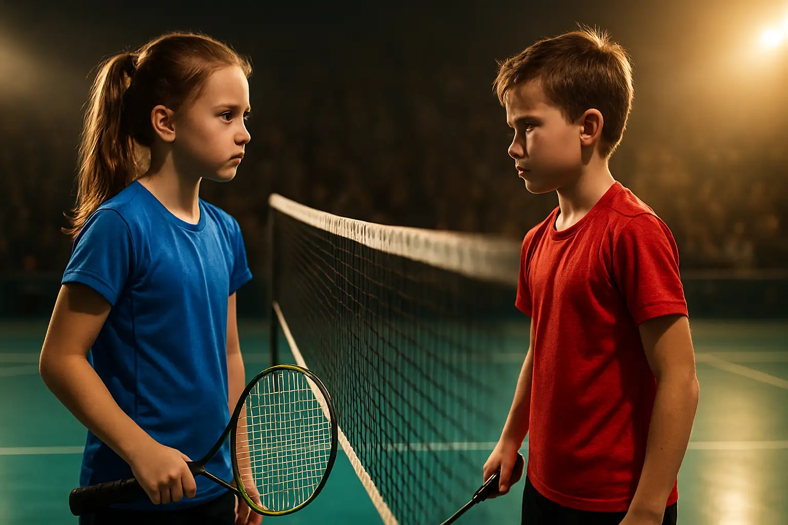 Two young badminton players on a indoor court preparing for a finals match