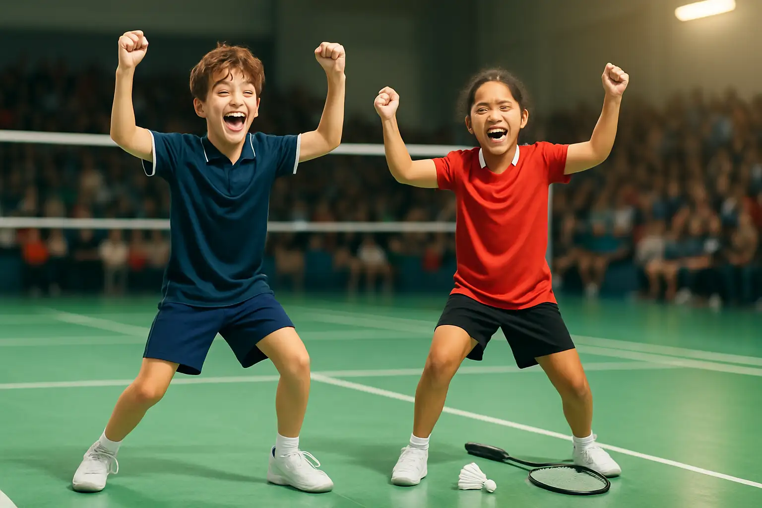 Two young badminton players celebrating a championship win on court with rackets raised