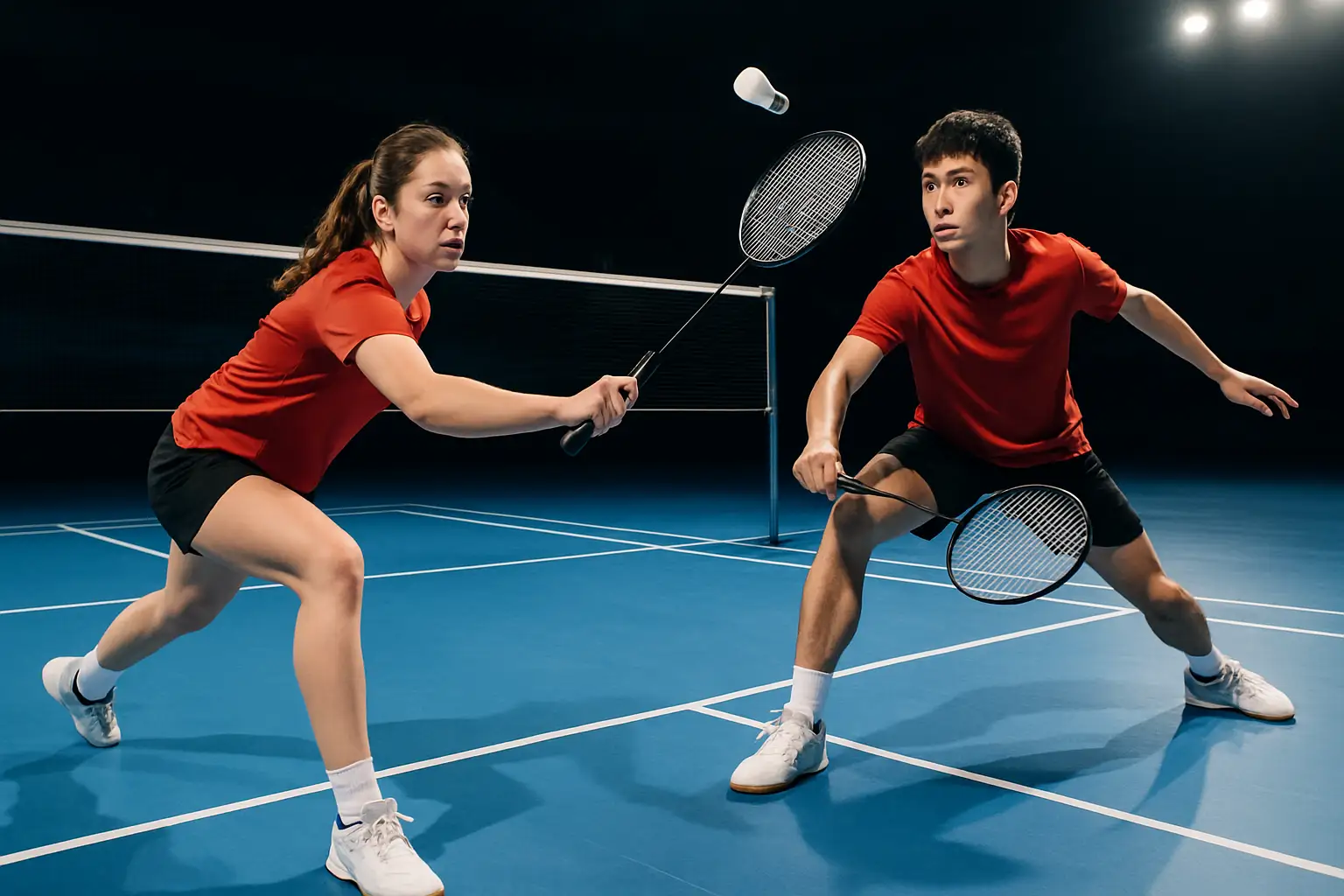 Two young badminton players competing in a mixed doubles match on an indoor court