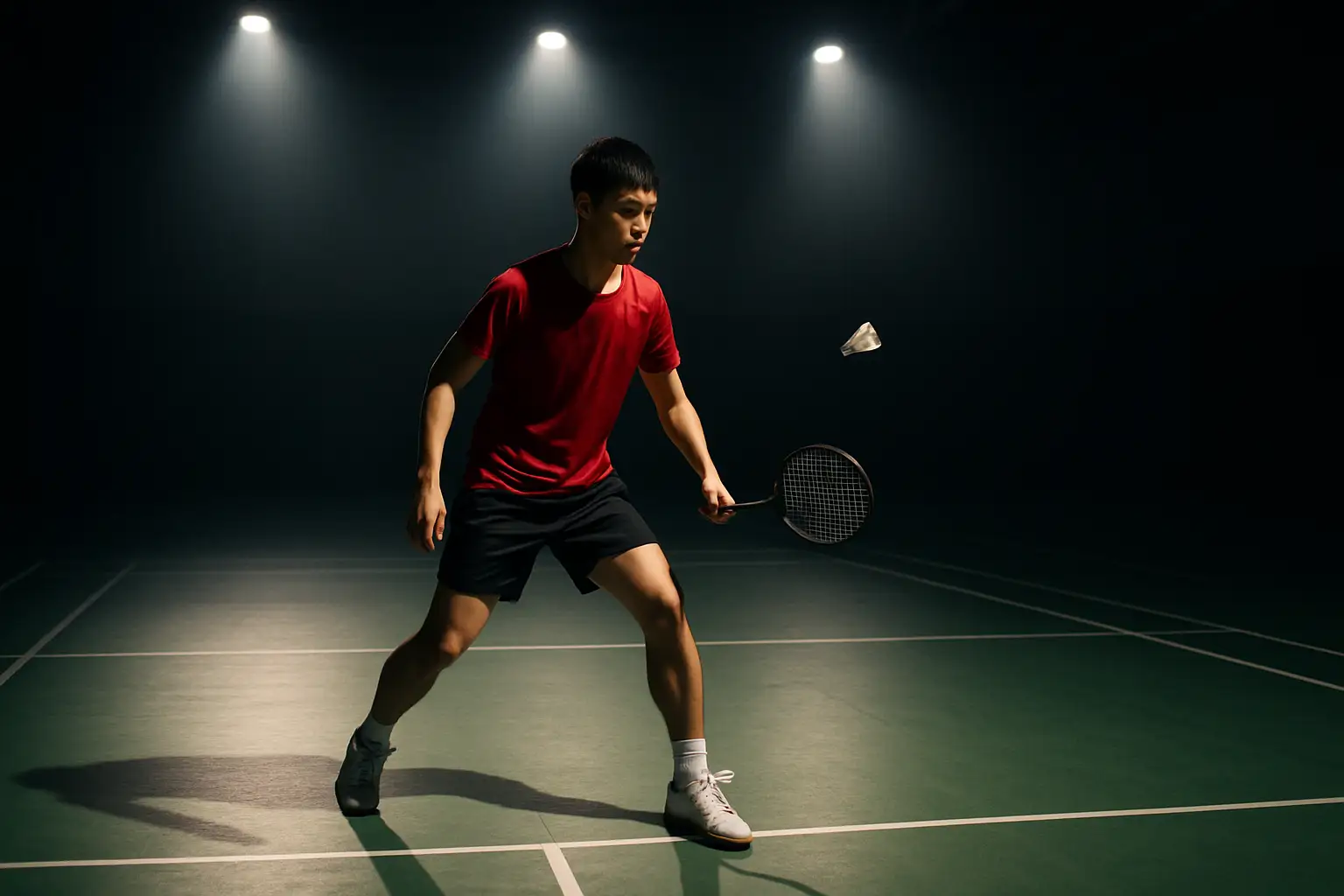 A young badminton player practicing alone on an indoor court, focused and determined