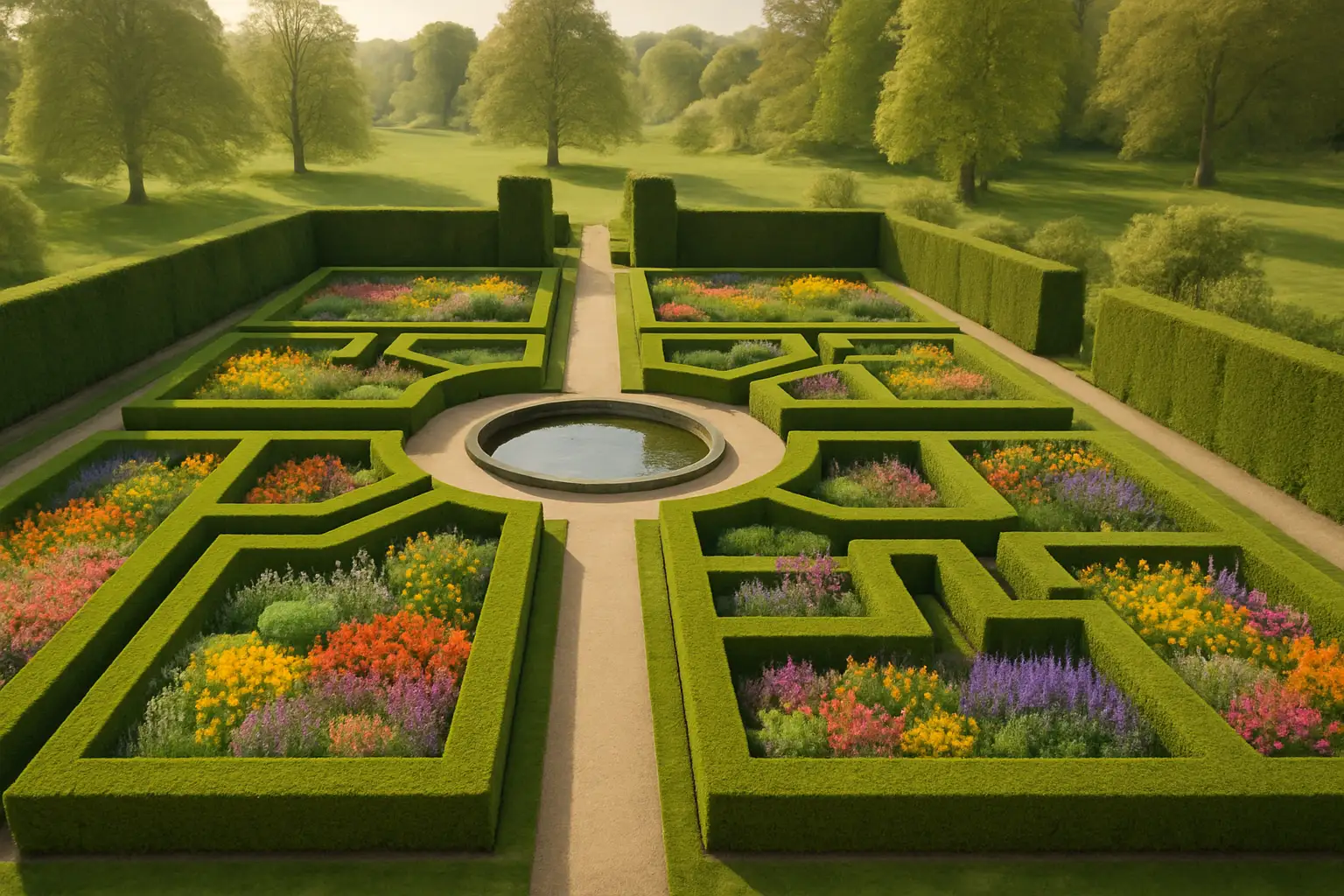 A formal show garden with sculpted hedges, colourful planting, and a central water feature at an outdoor flower show