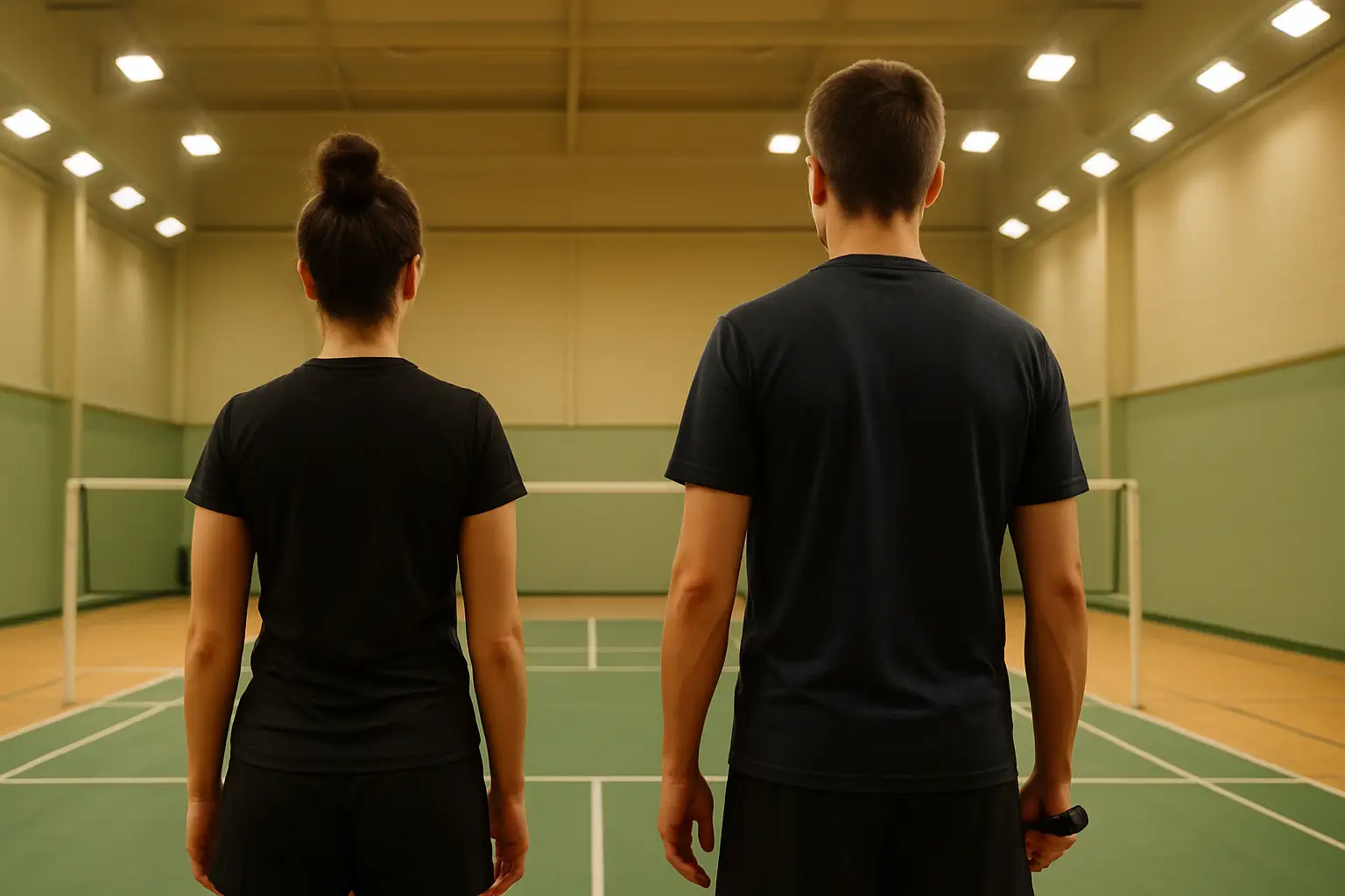 Two people standing courtside inside a modern badminton centre with lit courts in the background