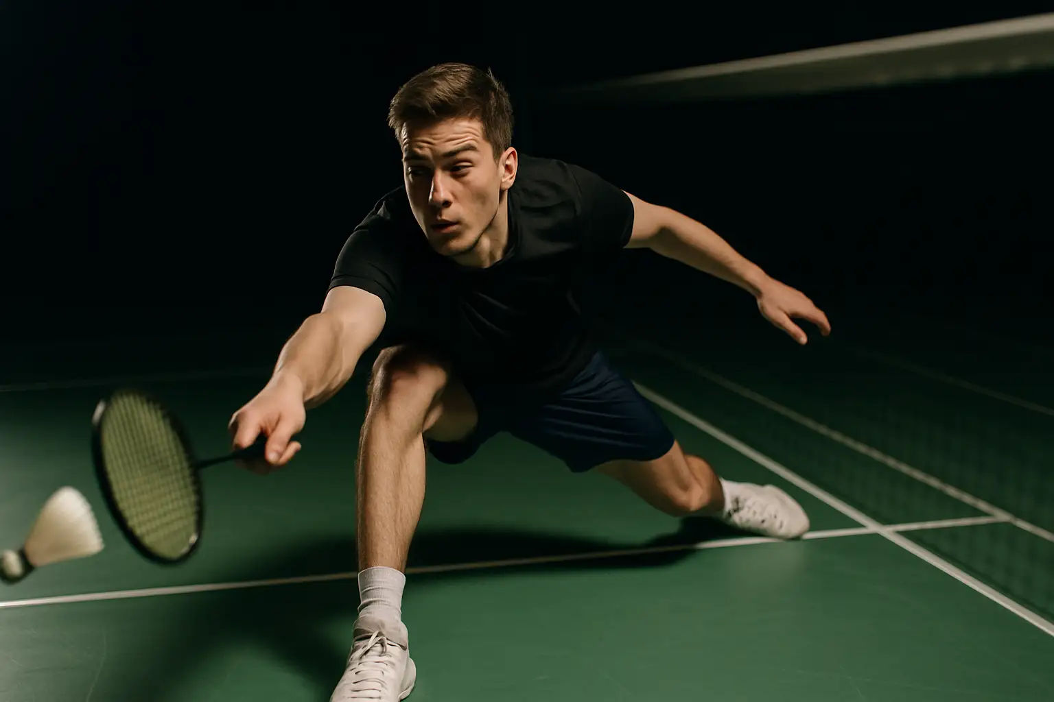 A badminton player executing a precise net shot during a competitive match
