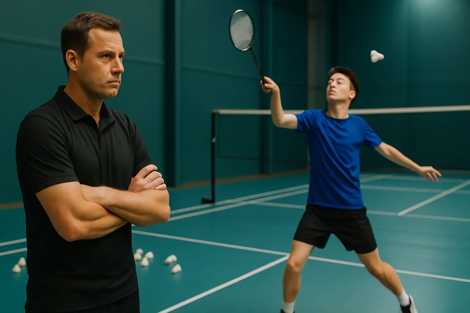 A badminton coach observing a young player training on an indoor court