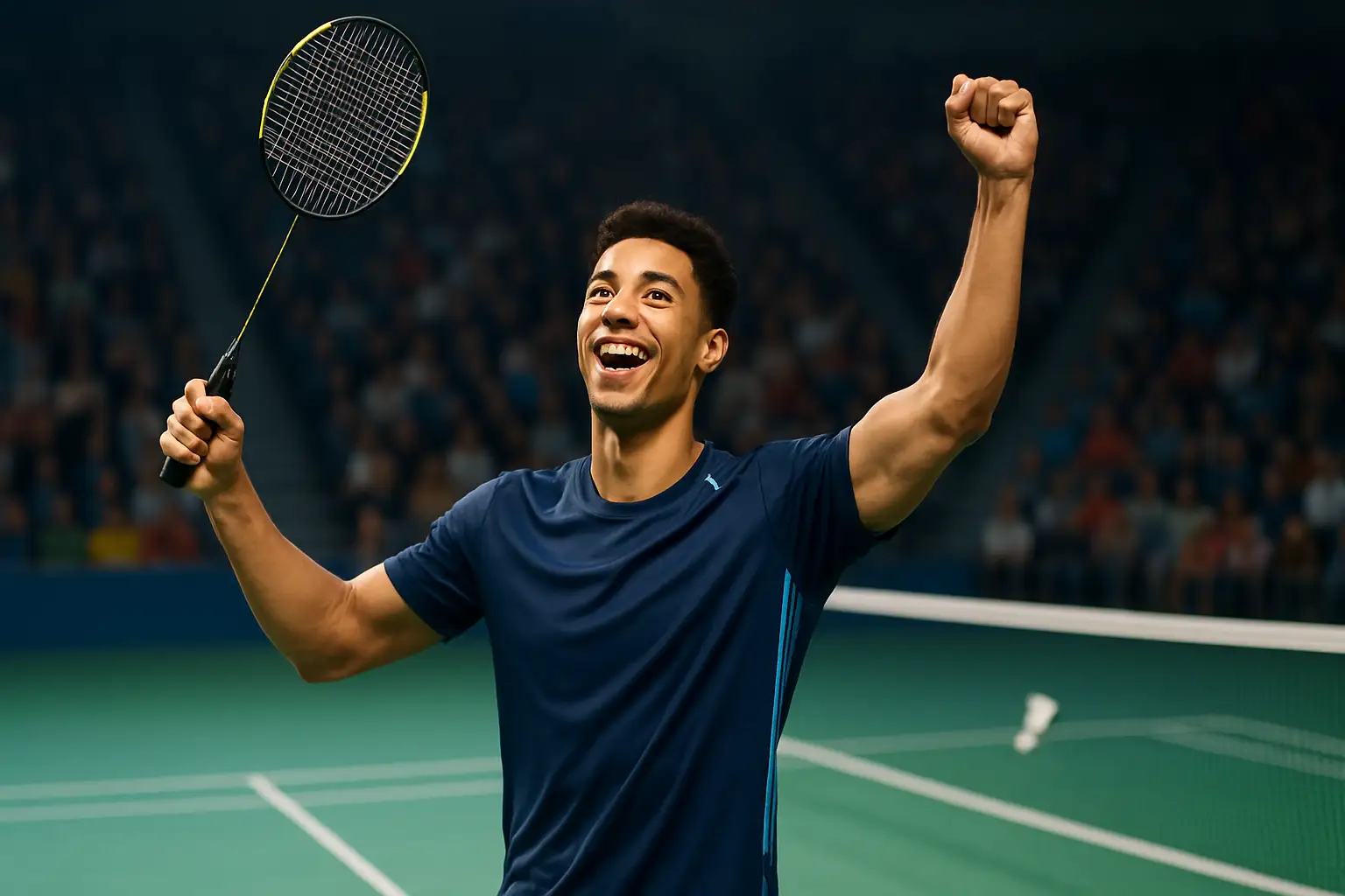 A badminton player celebrating a win on an indoor court with the net in the foreground