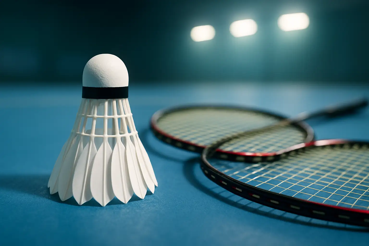 A badminton shuttlecock resting on a court with rackets in the background