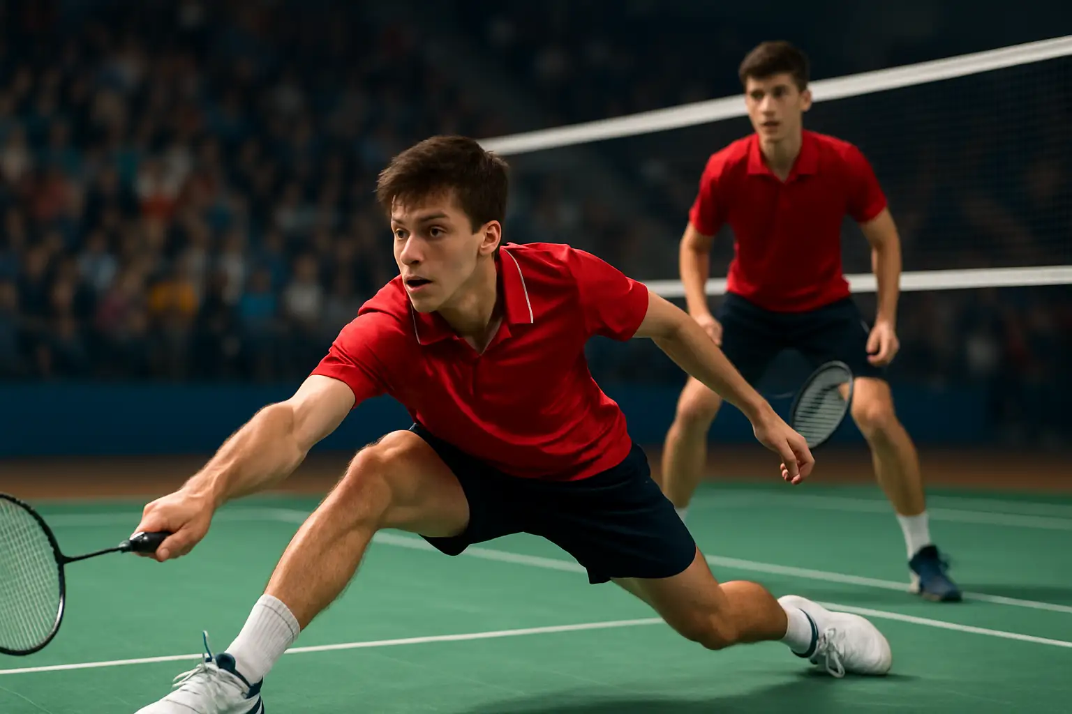 Two young badminton players competing in a doubles match on an indoor court