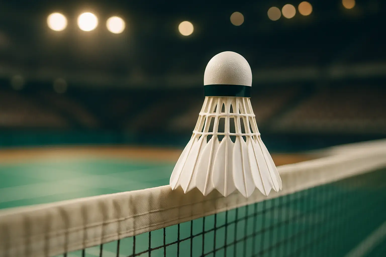 Badminton shuttlecock and racket on a court with a city skyline in the background