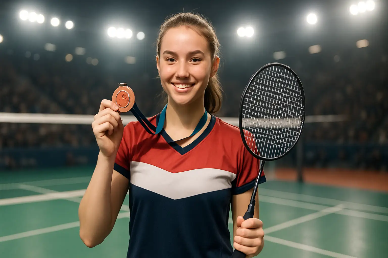 Young female badminton player holding a bronze medal on a competition court