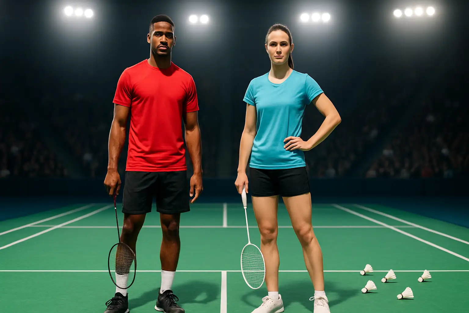 Two badminton players on a professional court under bright arena lights, rackets in hand, facing each other mid-conversation