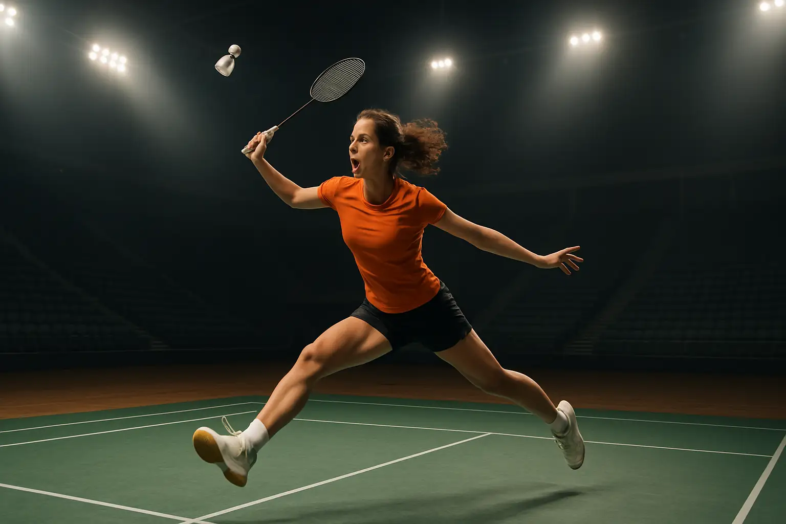 A badminton player in action during a high-level international tournament match