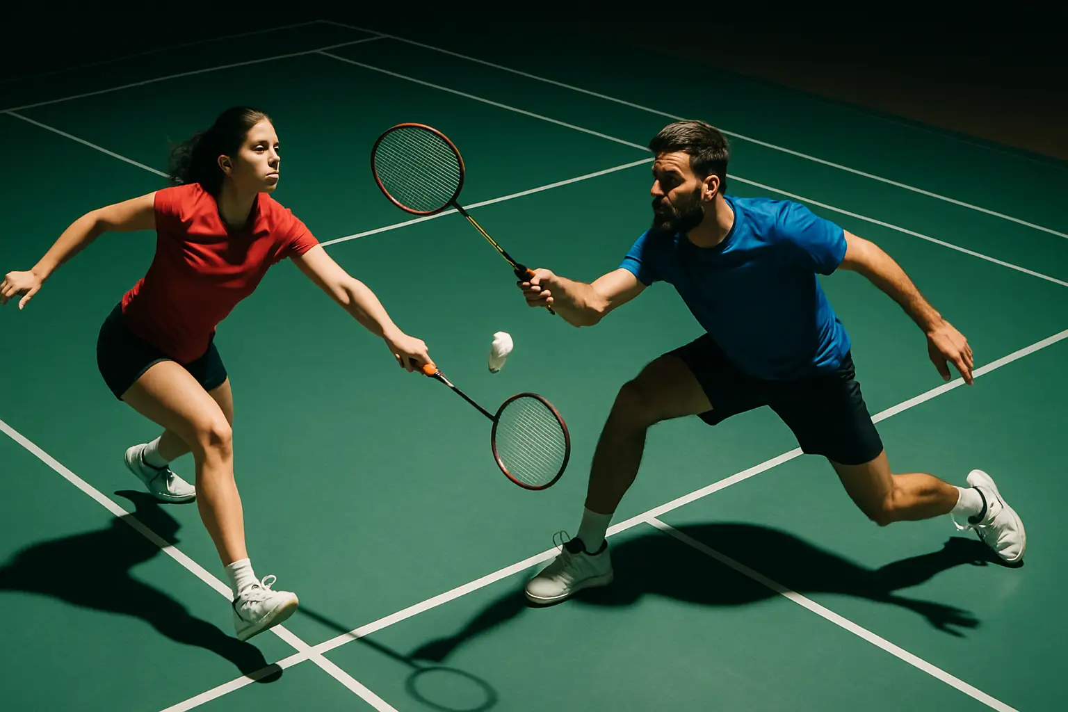 Two badminton players in action during a mixed doubles match on an indoor court