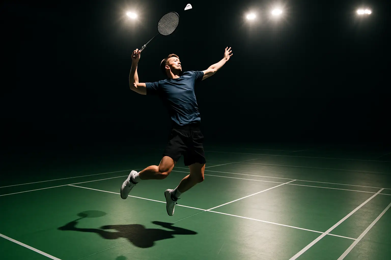Badminton player mid-jump executing a powerful overhead smash on an indoor court