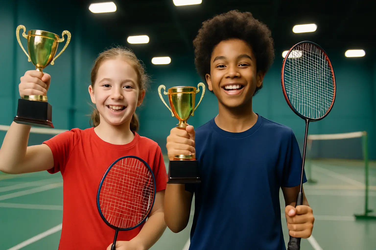 Two young badminton players holding trophies on an indoor court after winning a tournament