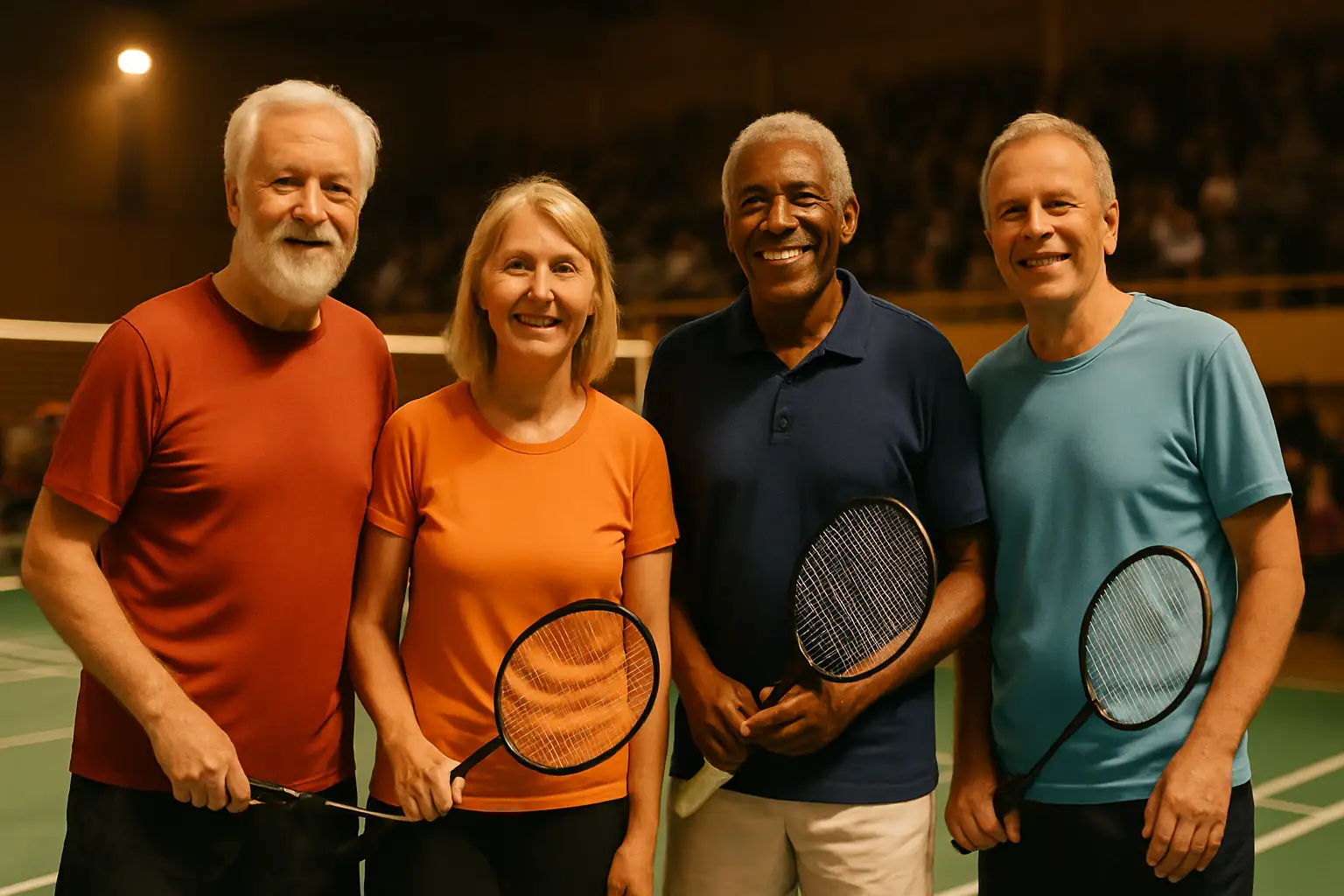 Badminton legends gathered on an indoor court for a celebratory event