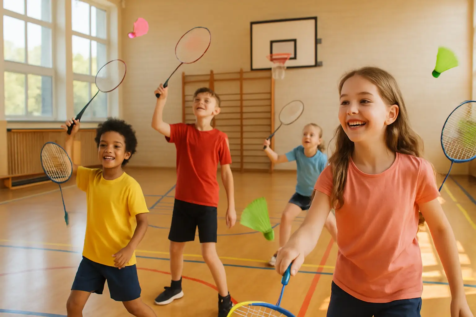 Children playing badminton in a community hall during a Shuttle Time refugee outreach session