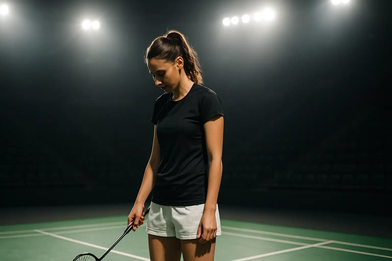 A female badminton player holding her racket on an indoor court, looking focused and determined after a hard-fought match