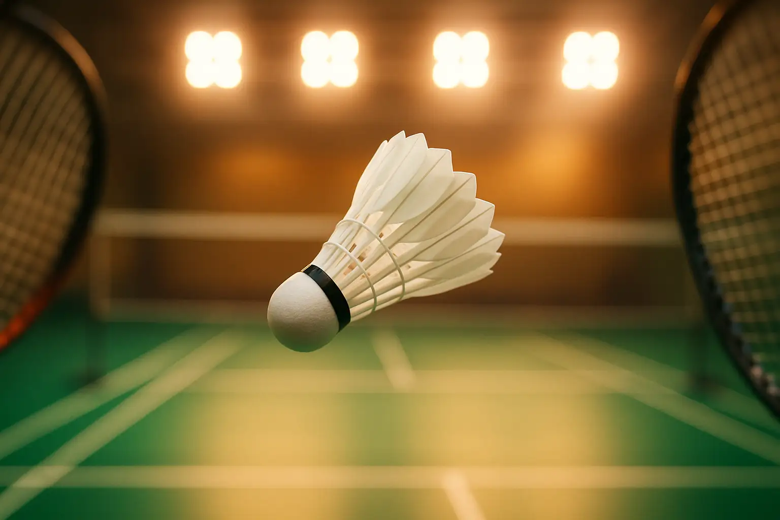 A badminton shuttlecock mid-flight over a well-lit indoor court with blurred spectators in the background