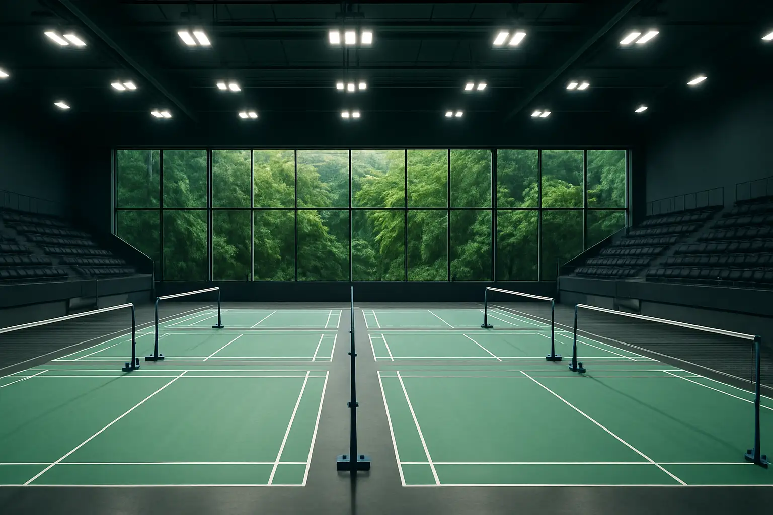 A badminton court inside a large indoor arena with lush greenery visible outside the windows