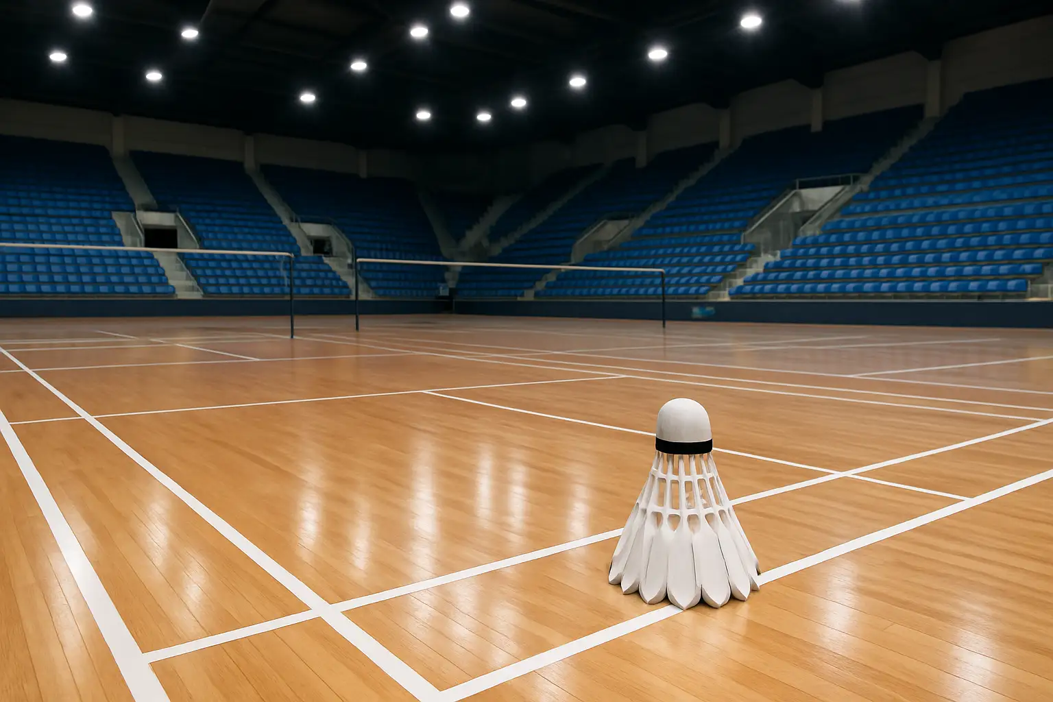 Badminton court interior with empty stands and bright overhead lighting
