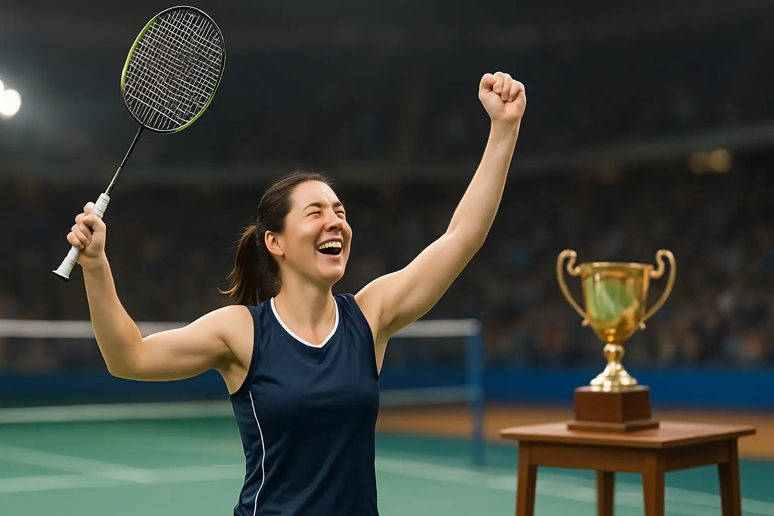 A female badminton player celebrating a championship win on a tournament court