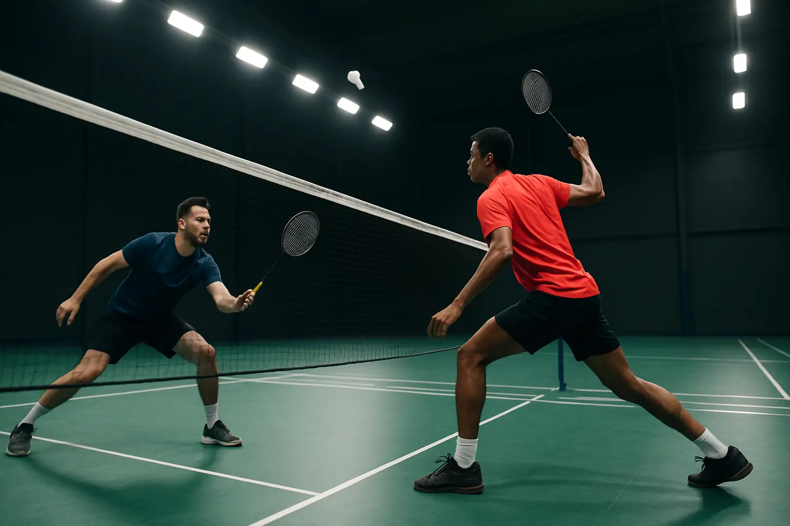 Badminton players sparring at an indoor training facility in Southeast Asia