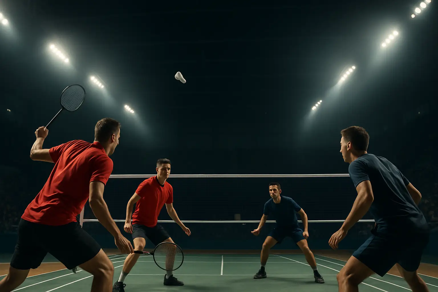 Two men's doubles pairs facing off across a badminton net in a brightly lit indoor arena