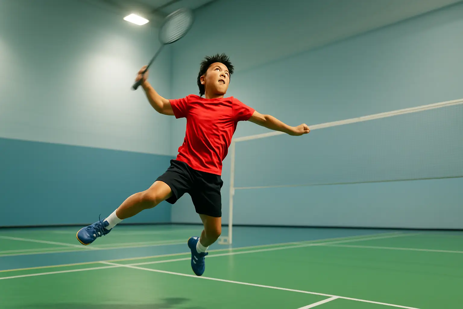 A compact badminton player executing a powerful smash on an indoor court