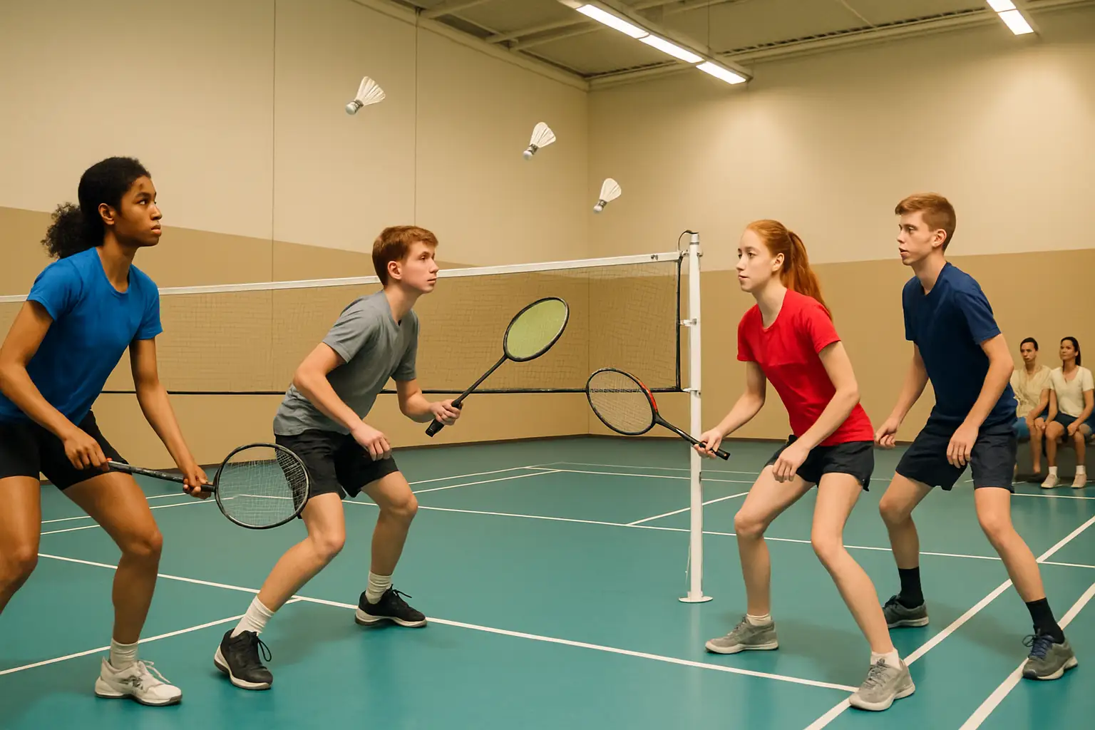 Young badminton players competing in a junior tournament on an indoor court