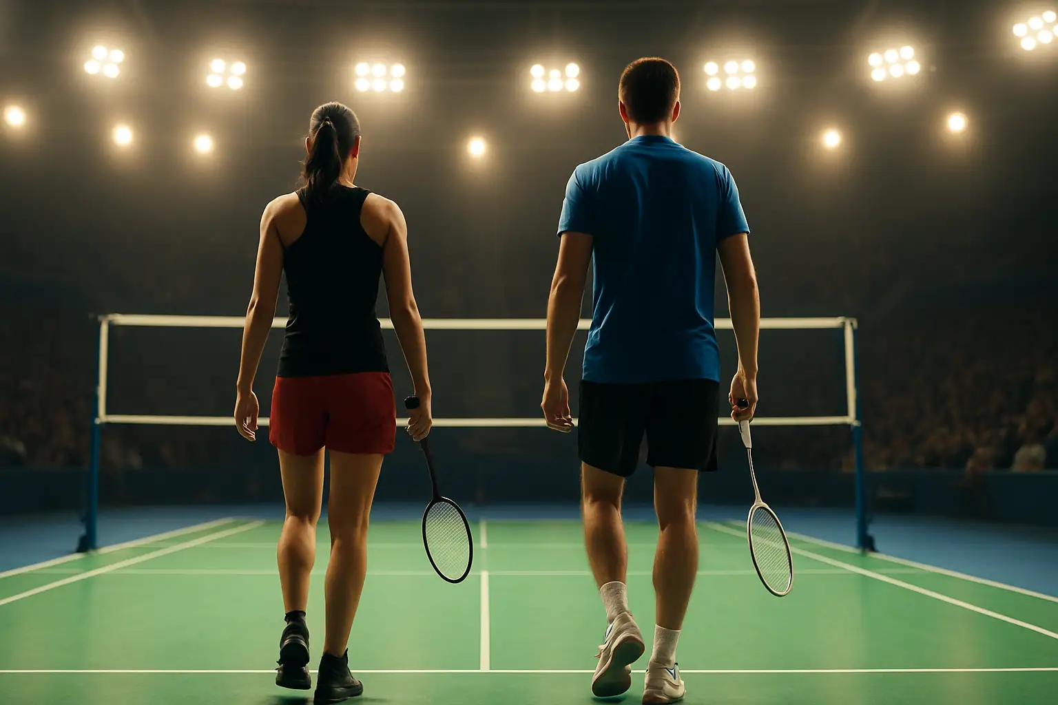 Two badminton players walking onto a court together, rackets in hand, ready to compete