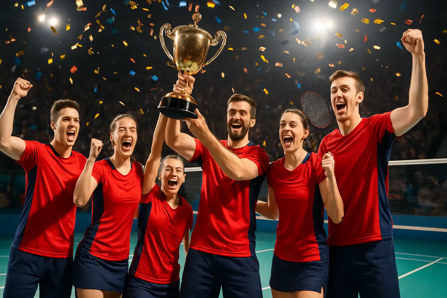 South Korean badminton players celebrating a championship victory on court