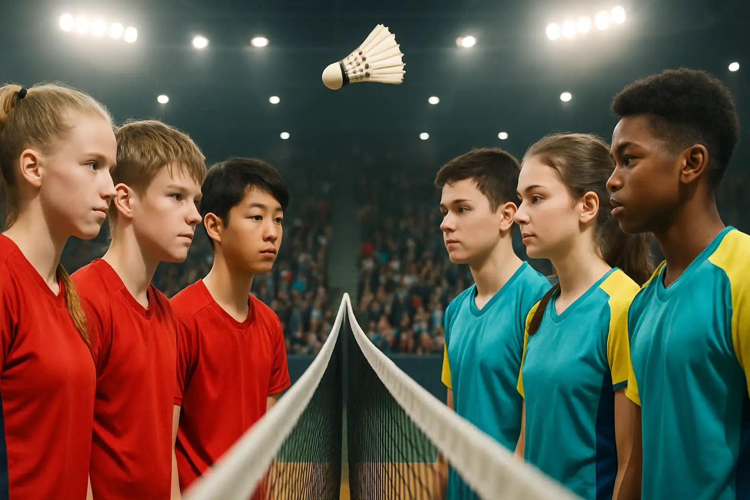 Filipino and Thai celebrity athletes facing off across a badminton net at an indoor sports arena
