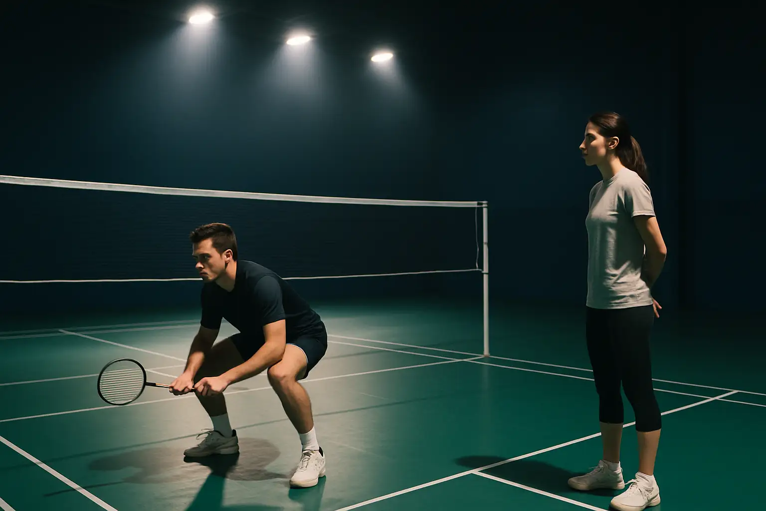 A badminton player preparing to serve on an indoor court with a supporter watching courtside