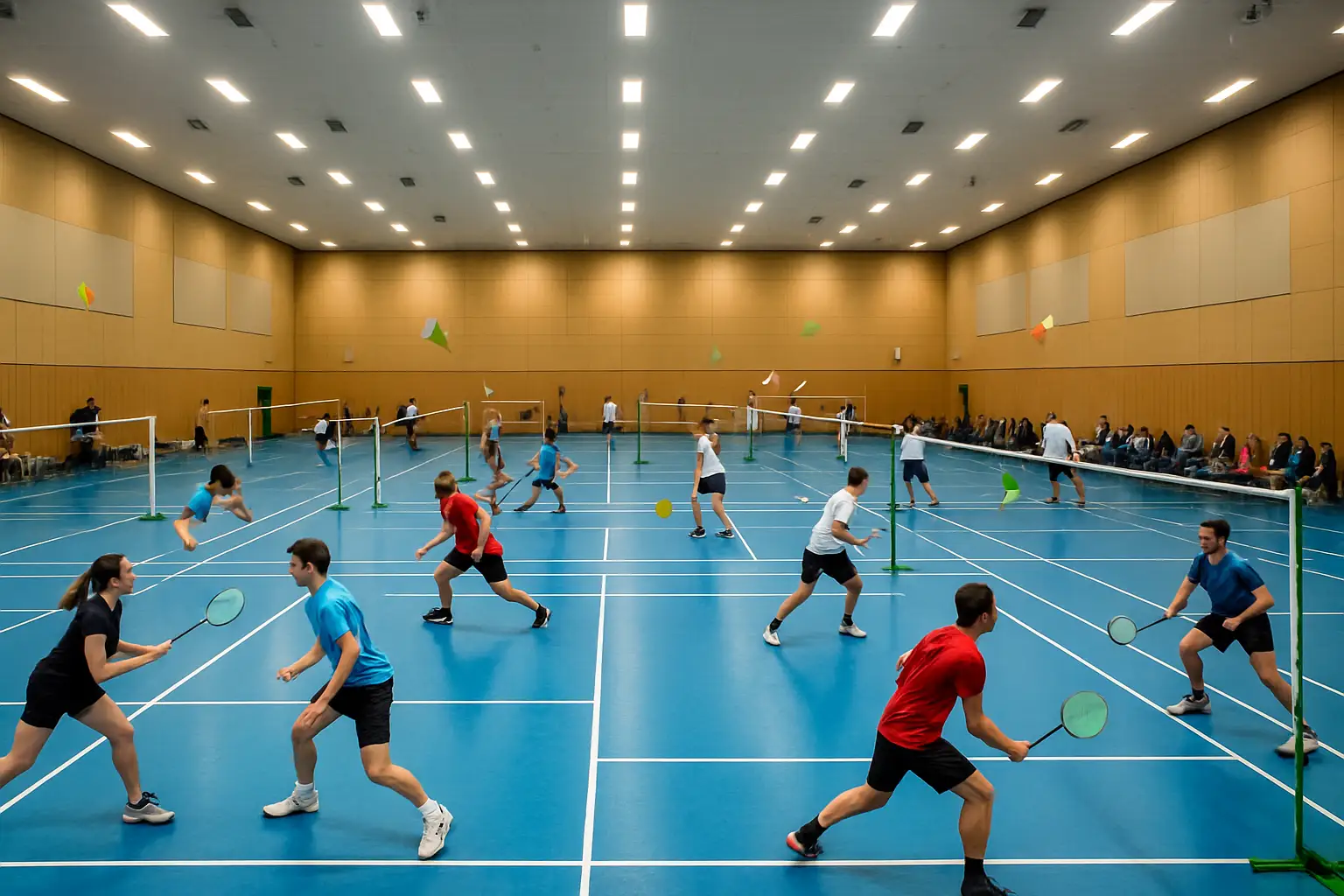 Badminton players competing in an indoor tournament hall with multiple courts in use