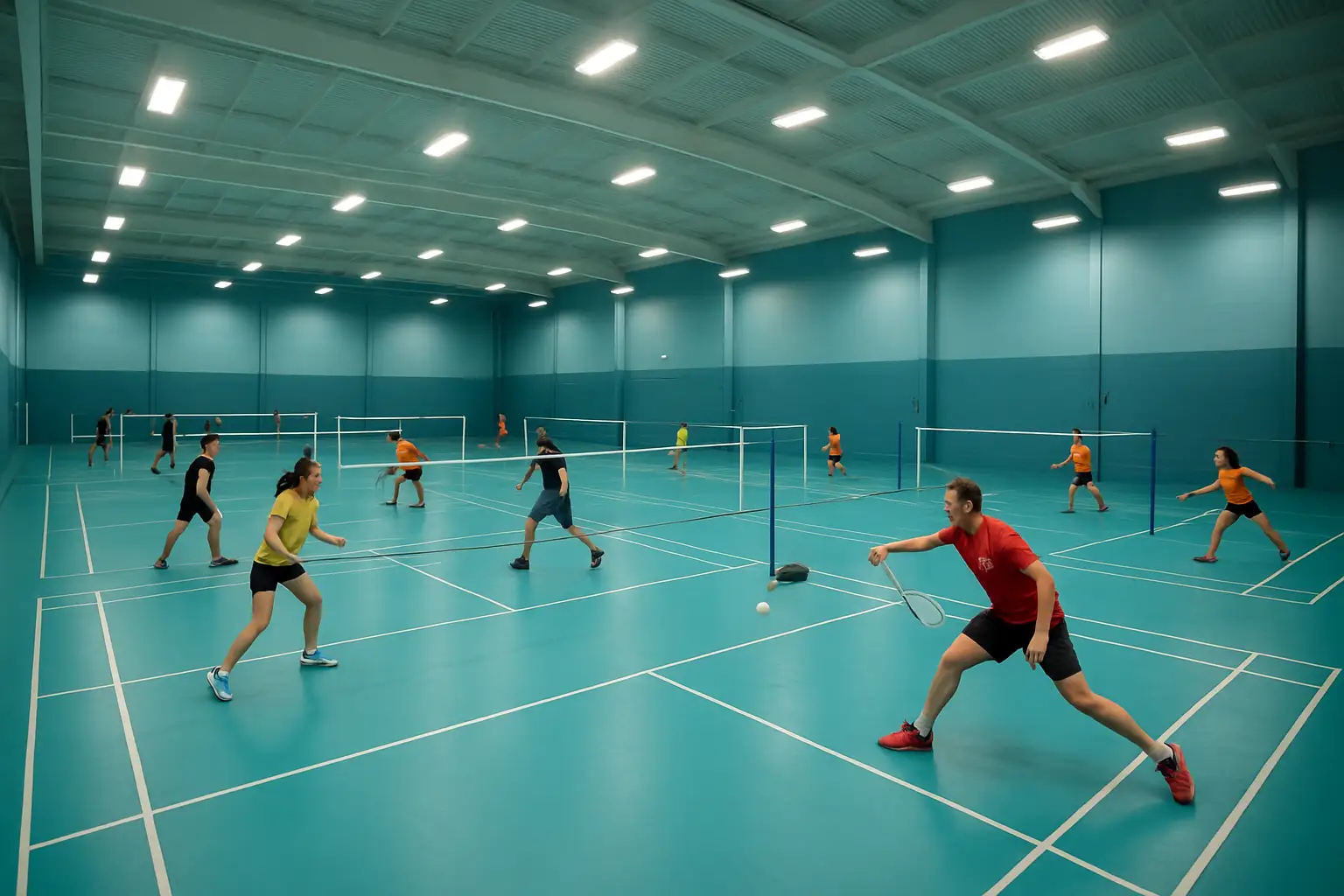 Badminton players competing in an indoor Sunday league tournament