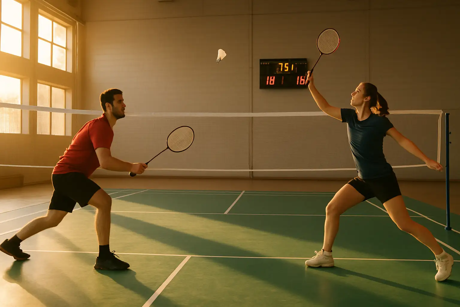 Badminton players competing in a Sunday league tournament on an indoor court